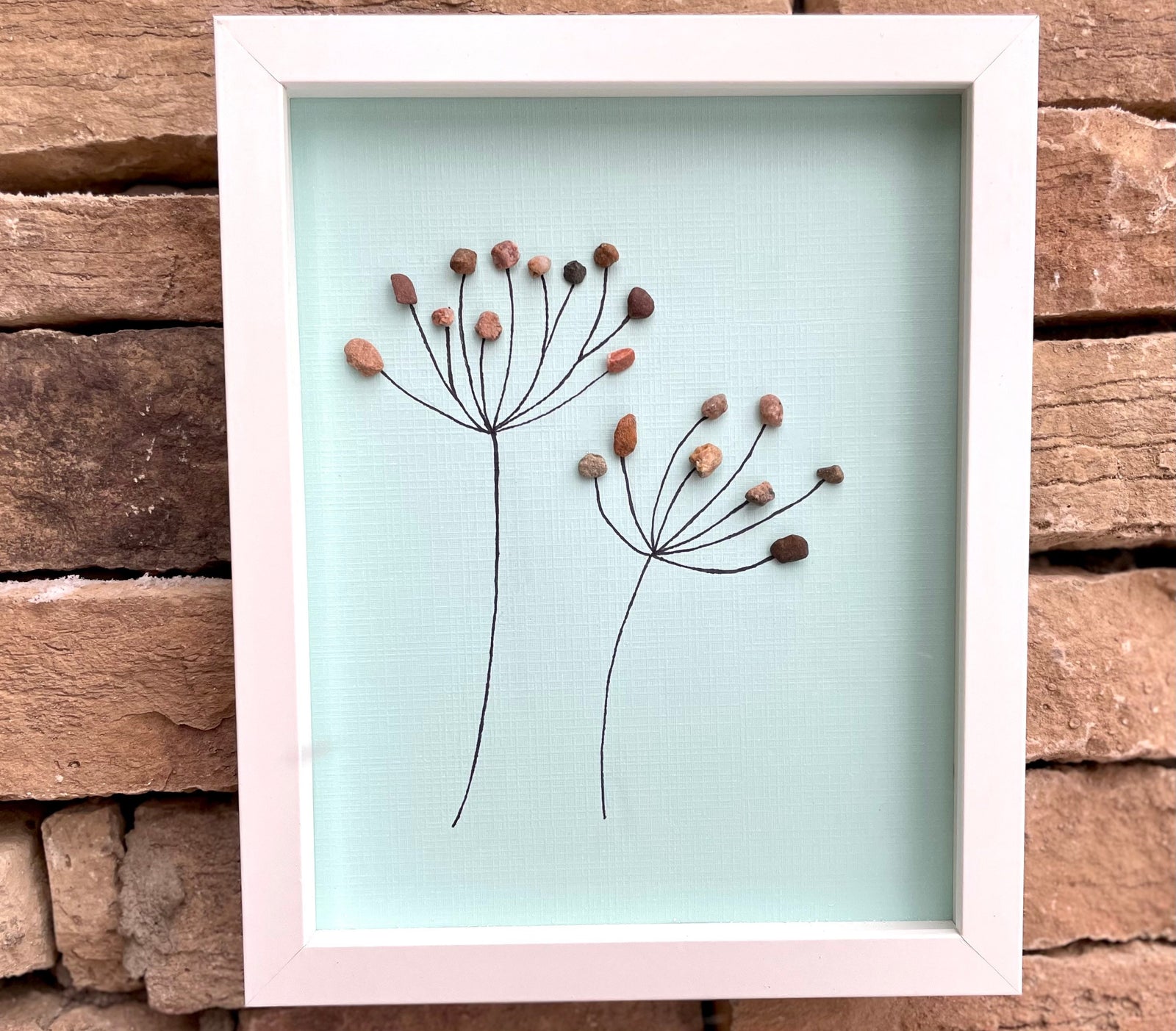Pebble Dandelion in the Wind - Handmade Pebble Art - Blue Textured Card Background - Flowers - Nature - Abstract