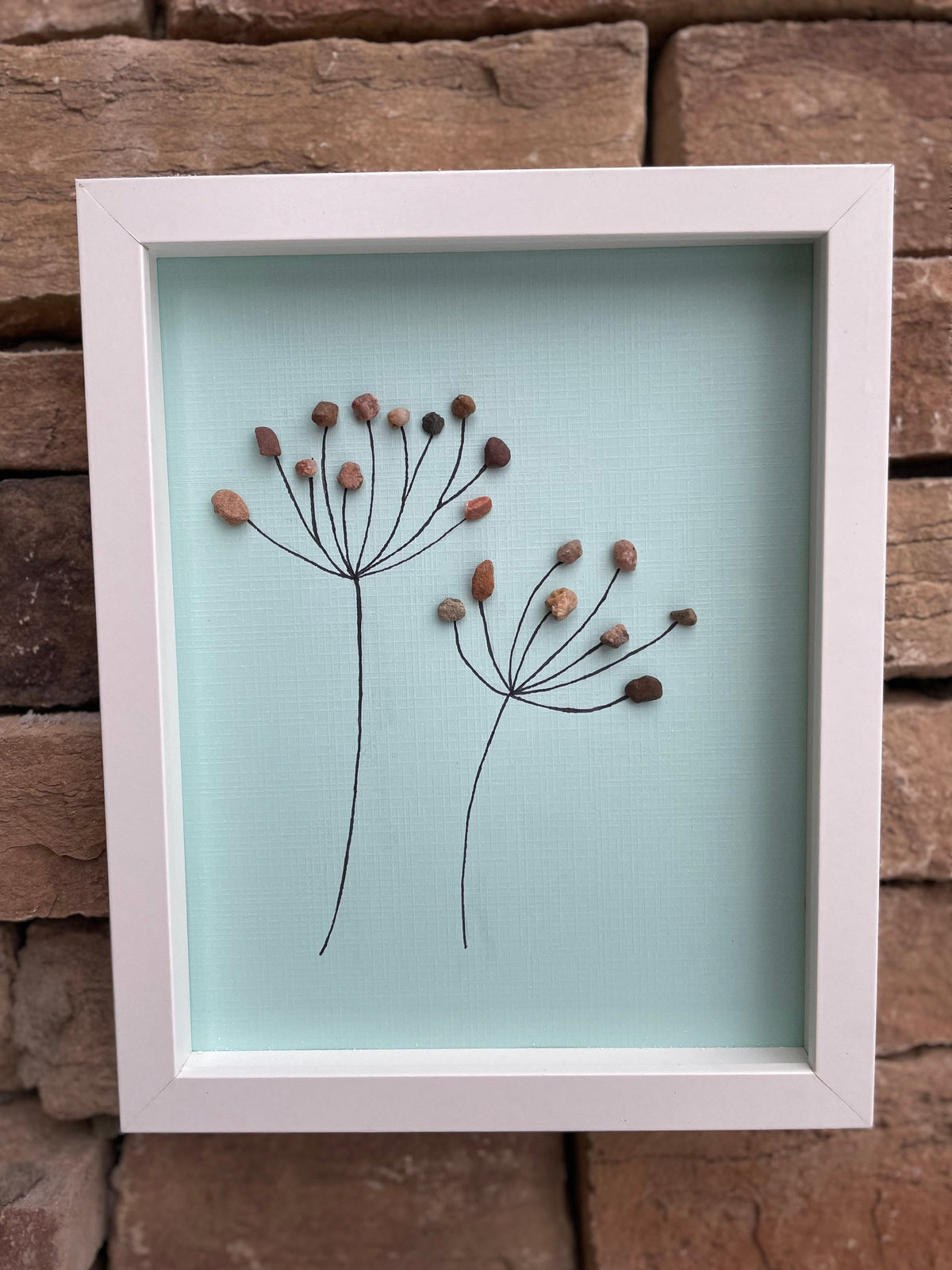 Pebble Dandelion in the Wind - Handmade Pebble Art - Blue Textured Card Background - Flowers - Nature - Abstract