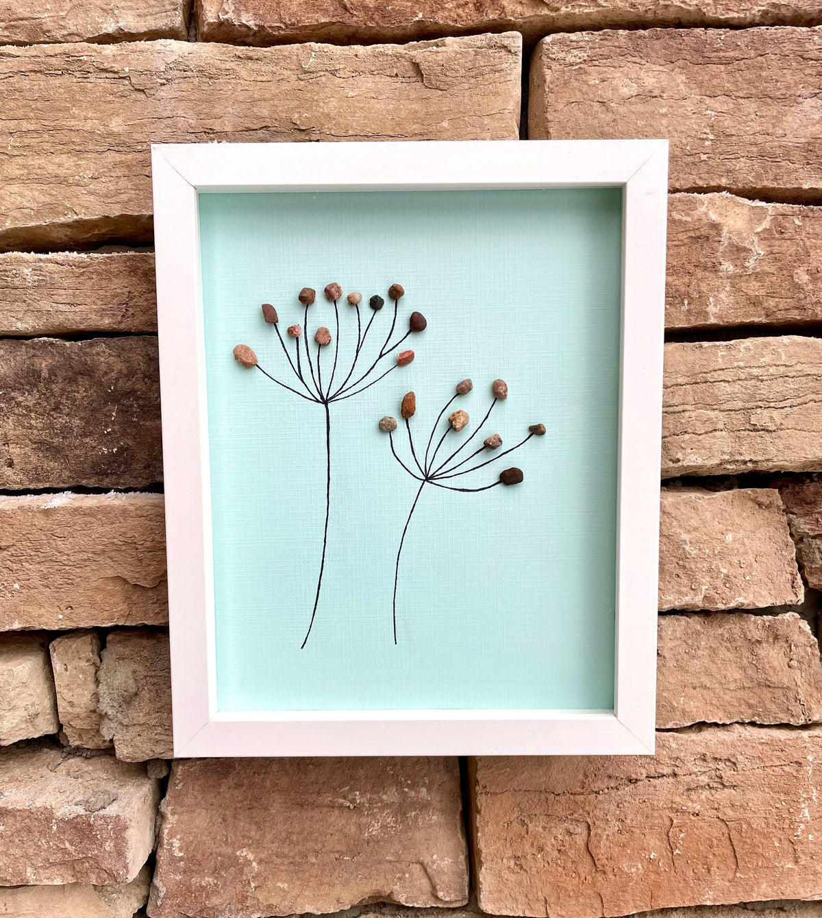 Pebble Dandelion in the Wind - Handmade Pebble Art - Blue Textured Card Background - Flowers - Nature - Abstract