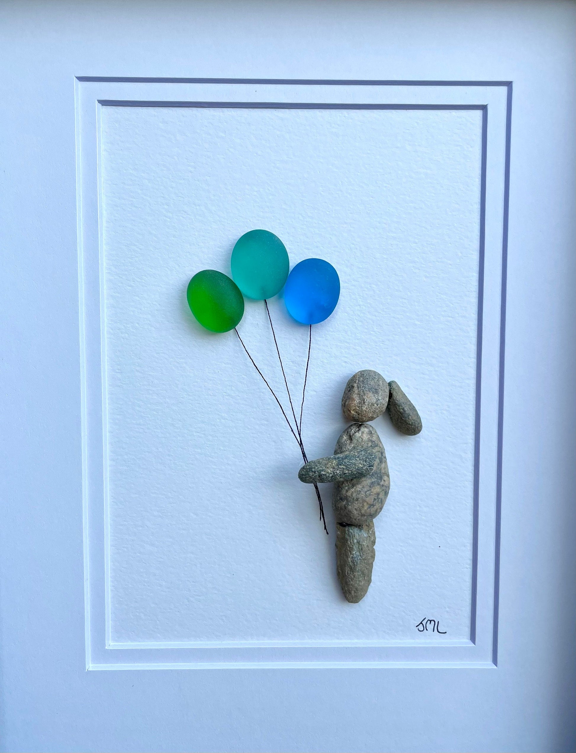 Sea Glass Balloon Girl, Framed Pebble Art, Handmade Gift (8x10)