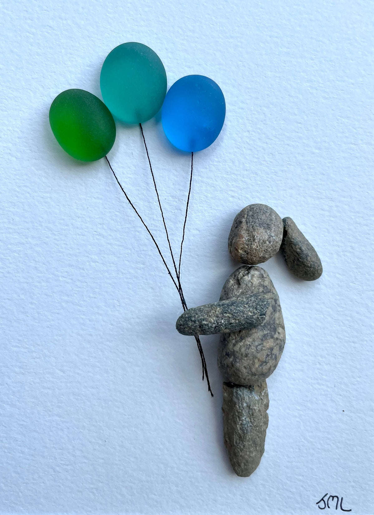 Girl Holding Sea Glass Balloons, Framed 8x10 Pebble and Seaglass Artwork, Unique Handmade Gift