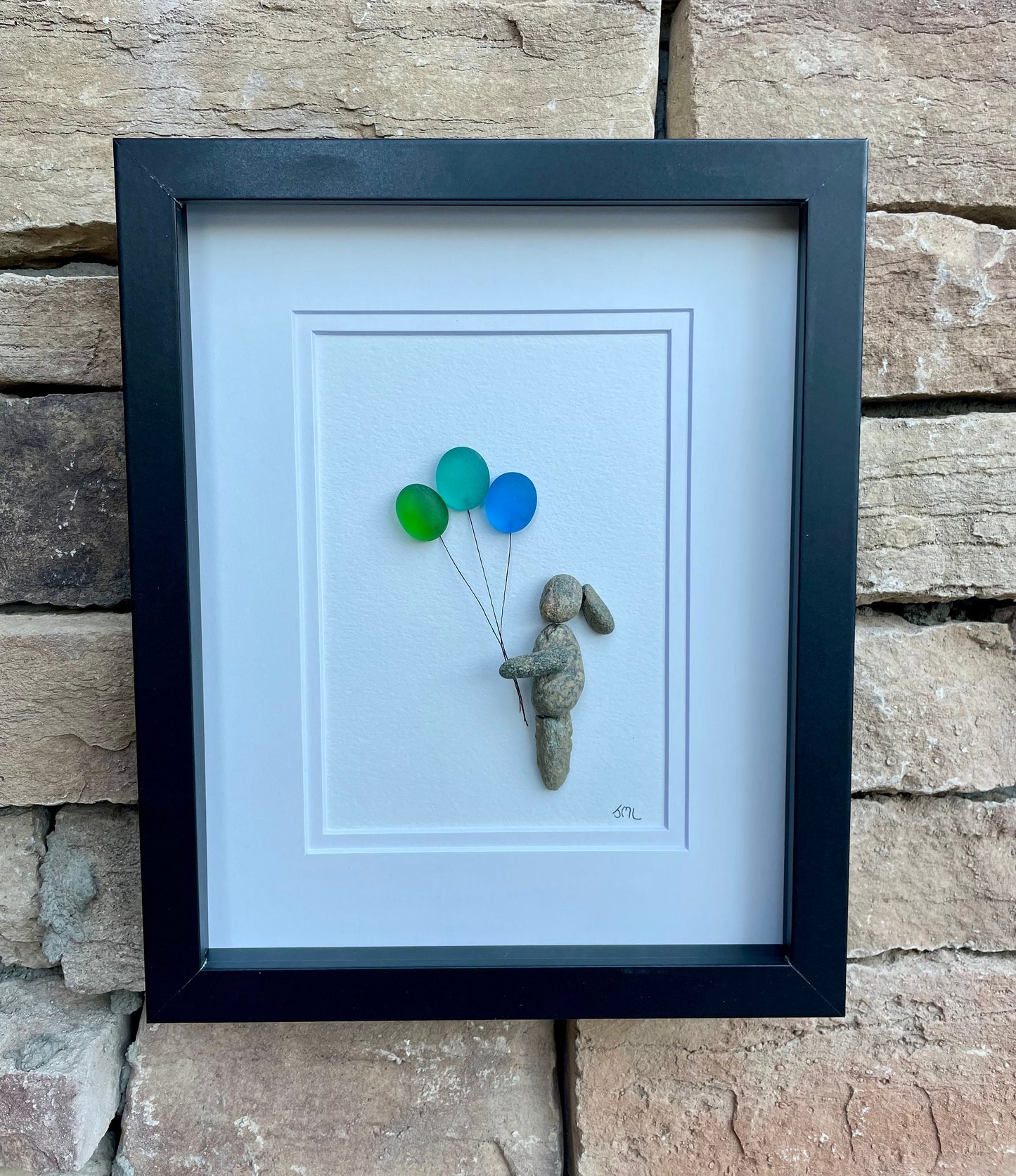 Sea Glass Balloon Girl, Framed Pebble Art, Handmade Gift (8x10)