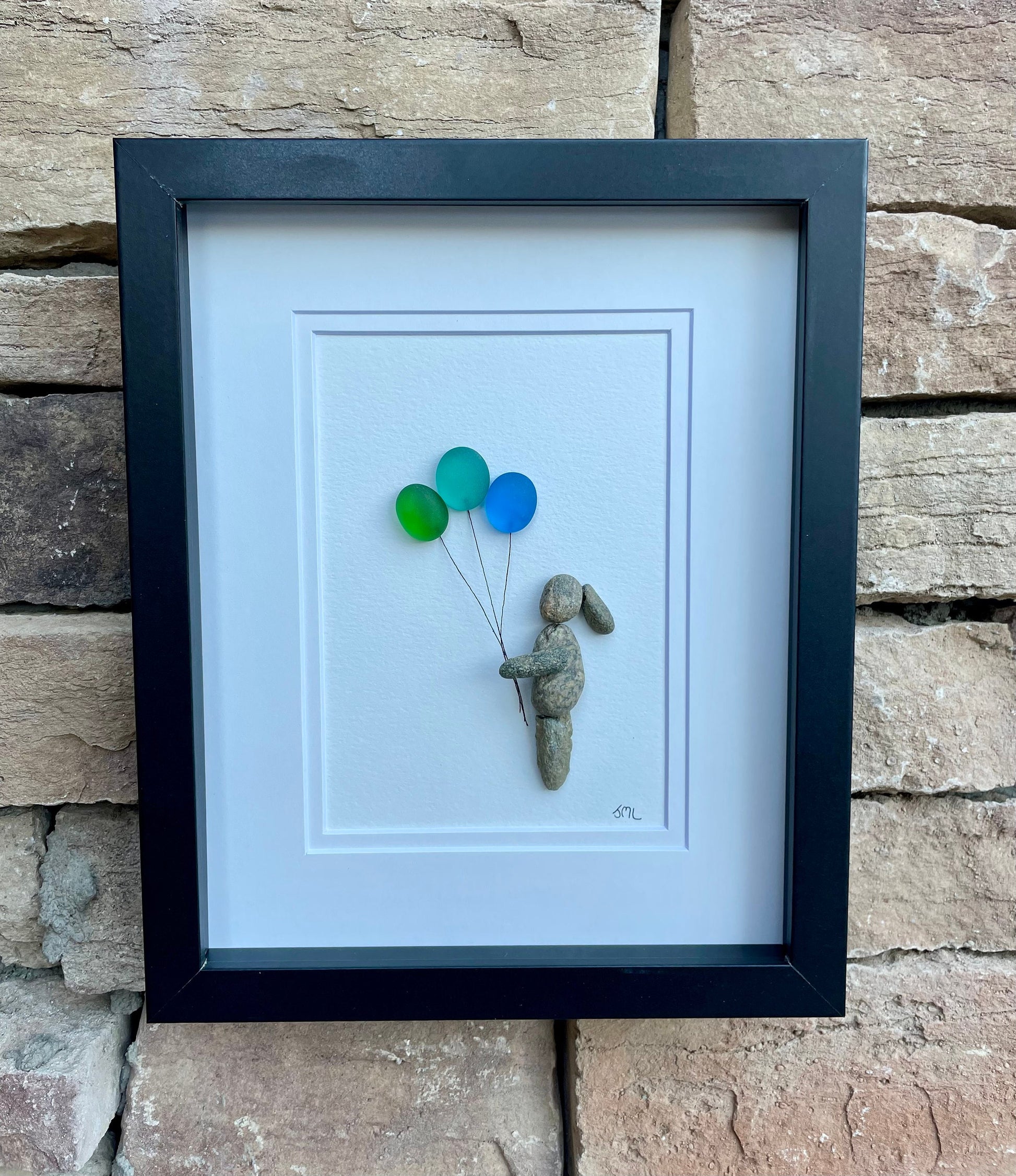 Sea Glass Balloon Girl, Framed Pebble Art, Handmade Gift (8x10)