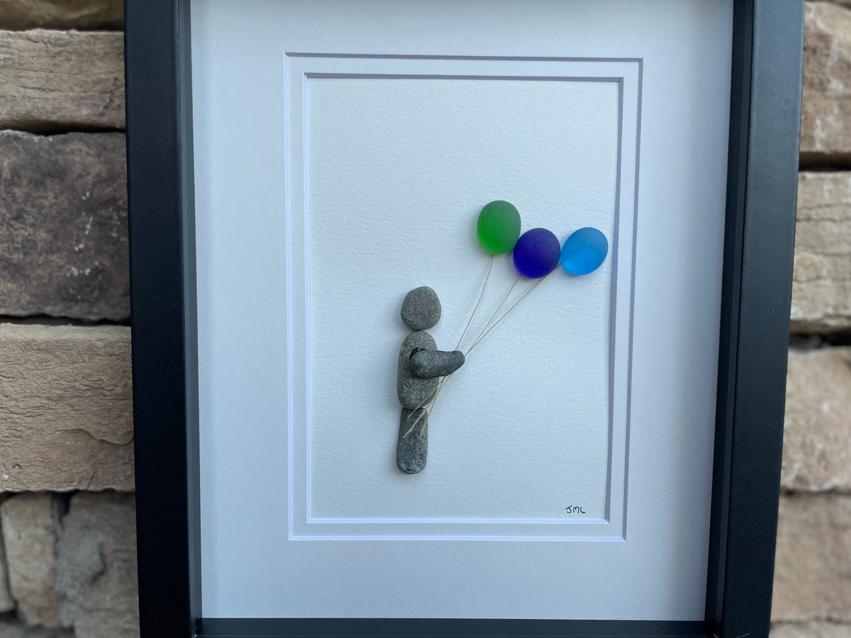 Child Holding Sea Glass Balloons - Pebble and Glass Art - Handmade - Unique
