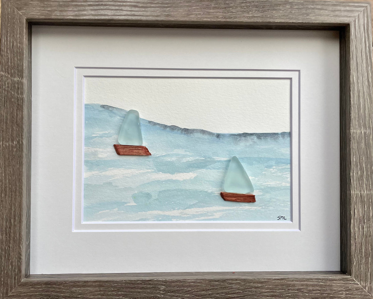 Sea Glass Sailboats on Watercolor - Original Artwork - Handmade - Perfect Gift - Sailing - Anniversary - Birthday - Ocean