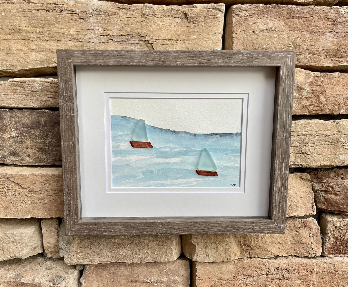 Sea Glass Sailboats on Watercolor - Original Artwork - Handmade - Perfect Gift - Sailing - Anniversary - Birthday - Ocean