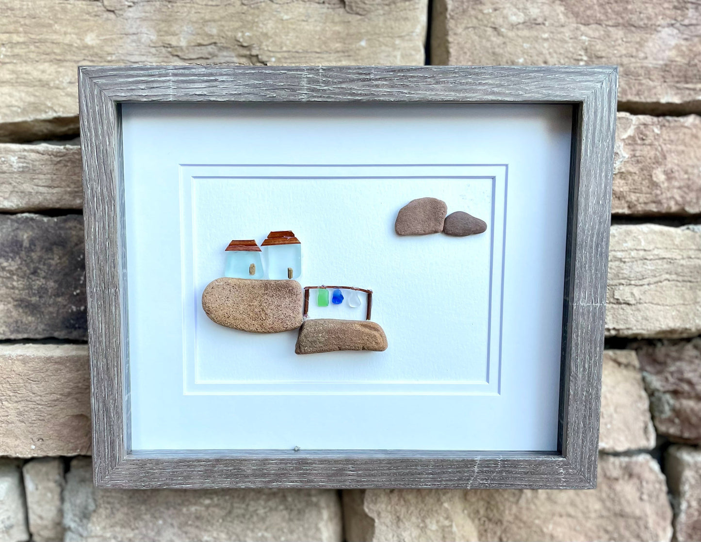 Framed Sea Glass Pebble Art - Coastal Cottages on Rocks