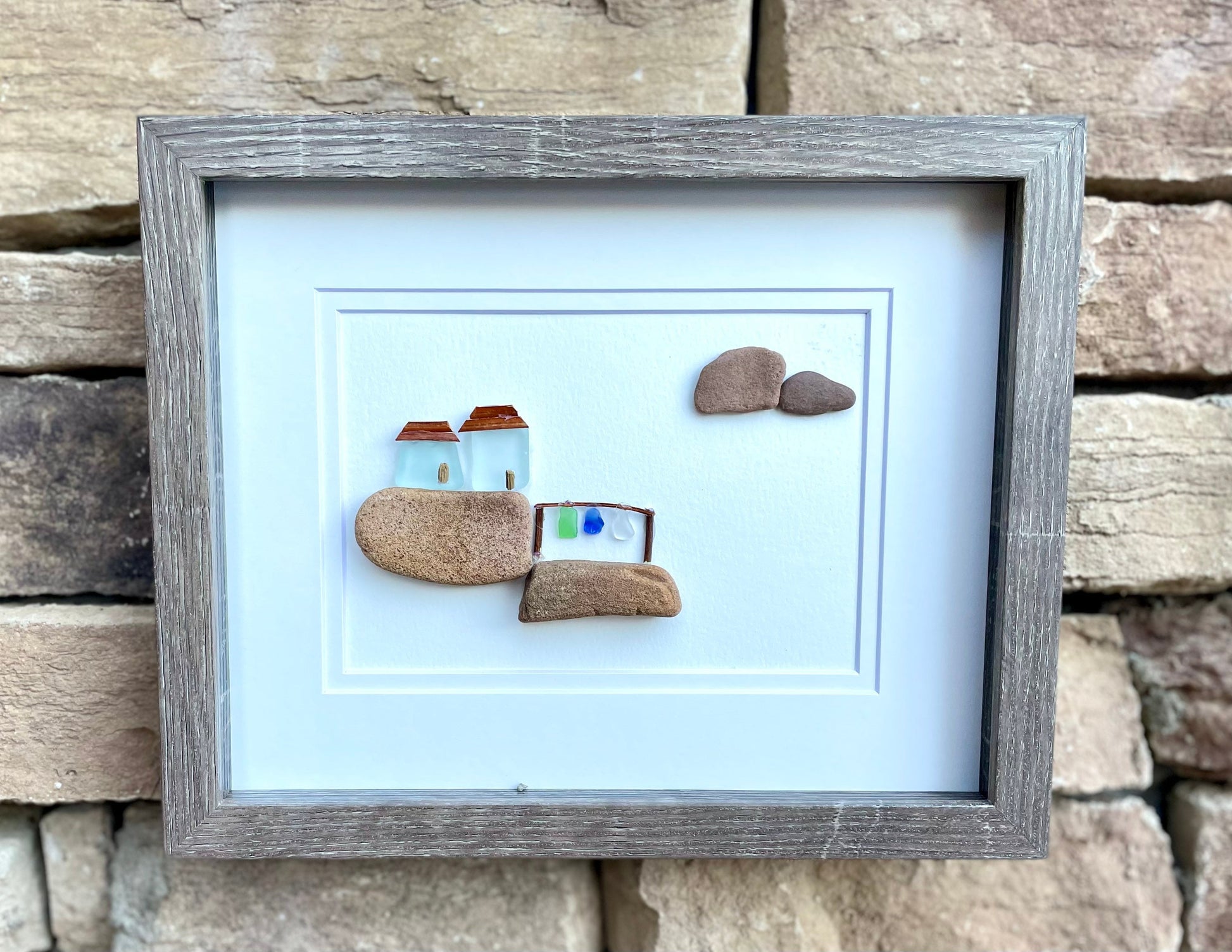 Framed Sea Glass Pebble Art - Coastal Cottages on Rocks