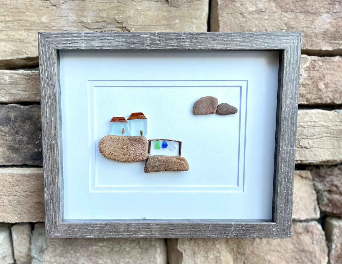 Cottages on the Rocks | Lake Side Cottages | Gift for Lake House or Lake Lovers | Original Framed Unique Art | 8x10 Sea Glass and Pebble Art