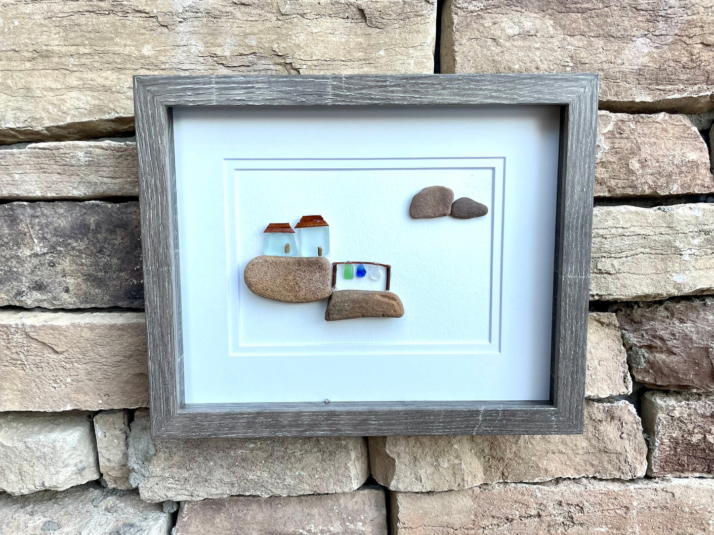 Framed Sea Glass Pebble Art - Coastal Cottages on Rocks