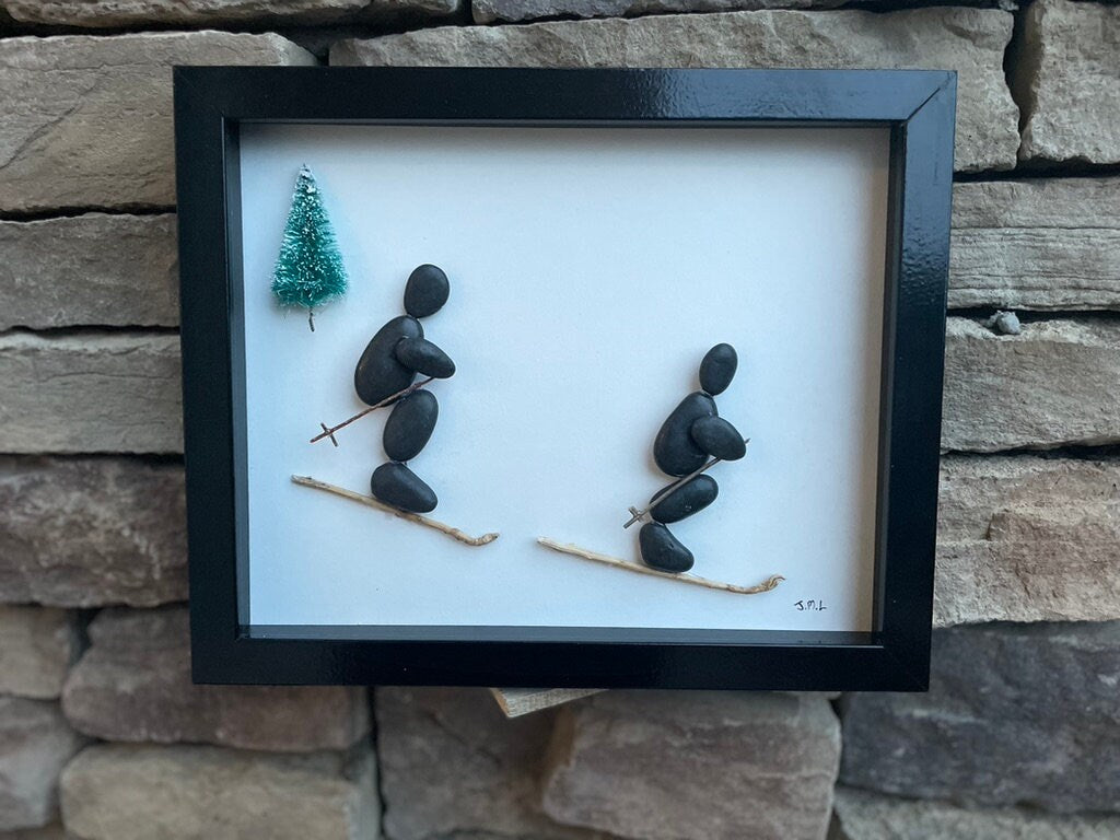Skiers Hit the Slopes - Pebble Artwork