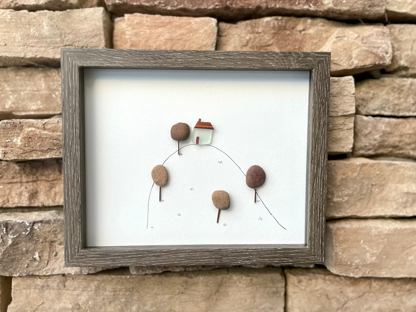 House on a Hillside - Pebble Art and Line Drawing