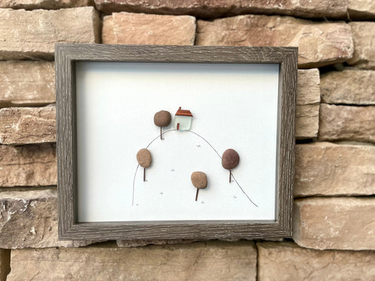 House on a Hillside - Pebble Art and Line Drawing