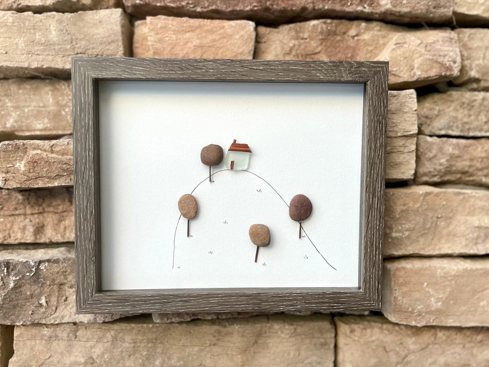 House on a Hillside - Pebble Art and Line Drawing