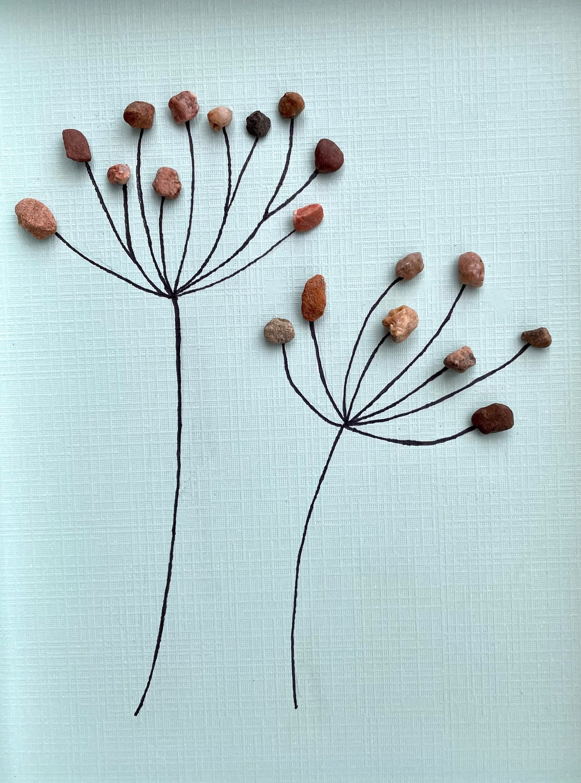 Pebble Dandelion in the Wind - Handmade Pebble Art - Blue Textured Card Background - Flowers - Nature - Abstract