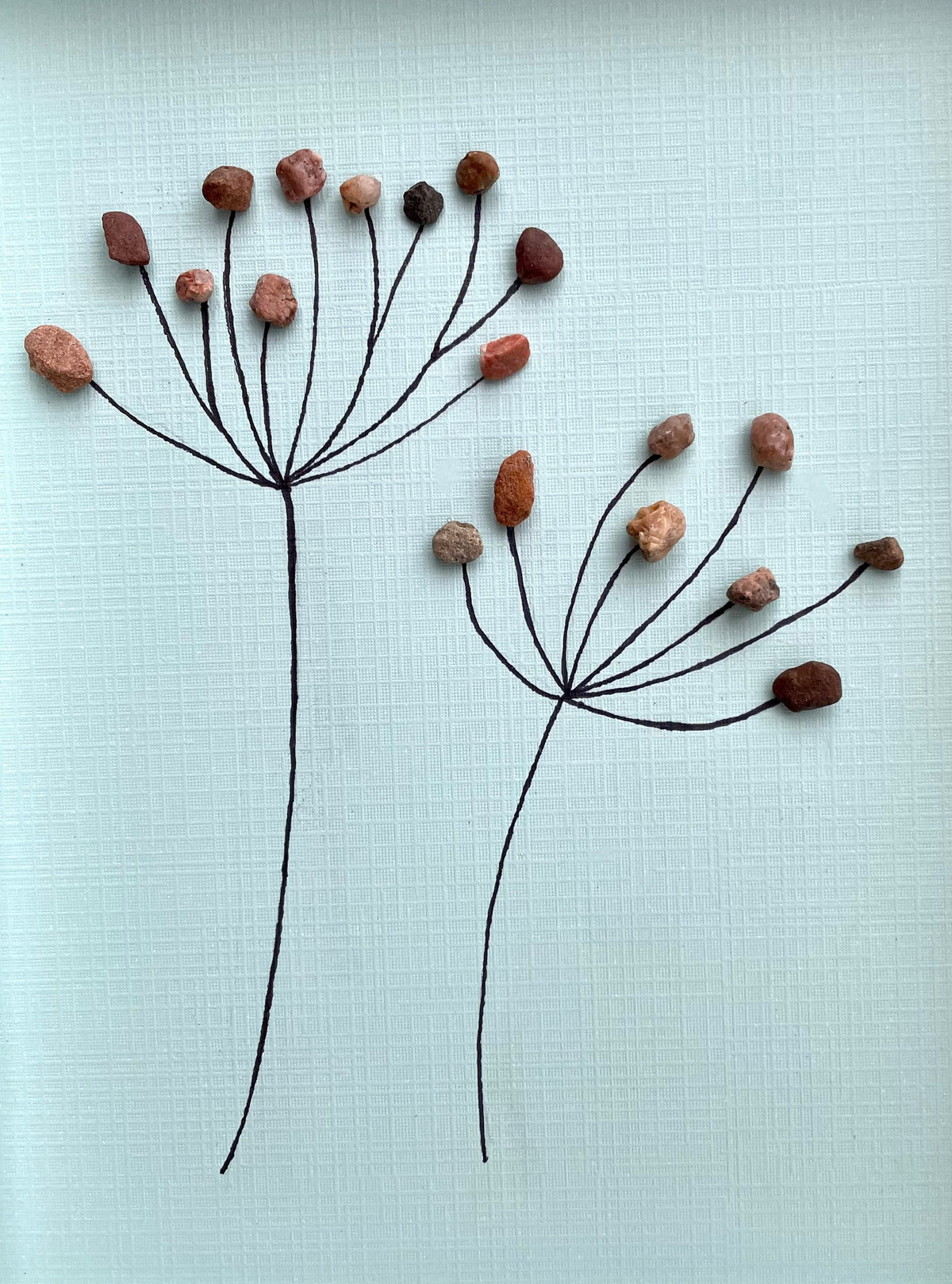 Pebble Dandelion in the Wind - Handmade Pebble Art - Blue Textured Card Background - Flowers - Nature - Abstract