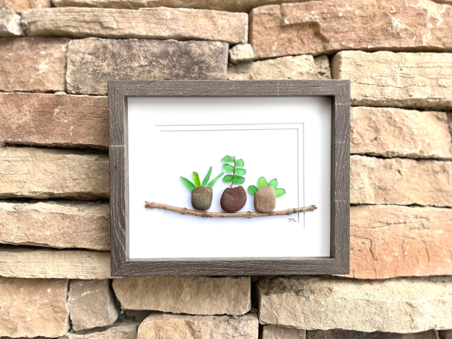 Sea Glass Pebble Plant Art - Handmade Framed Garden Decor