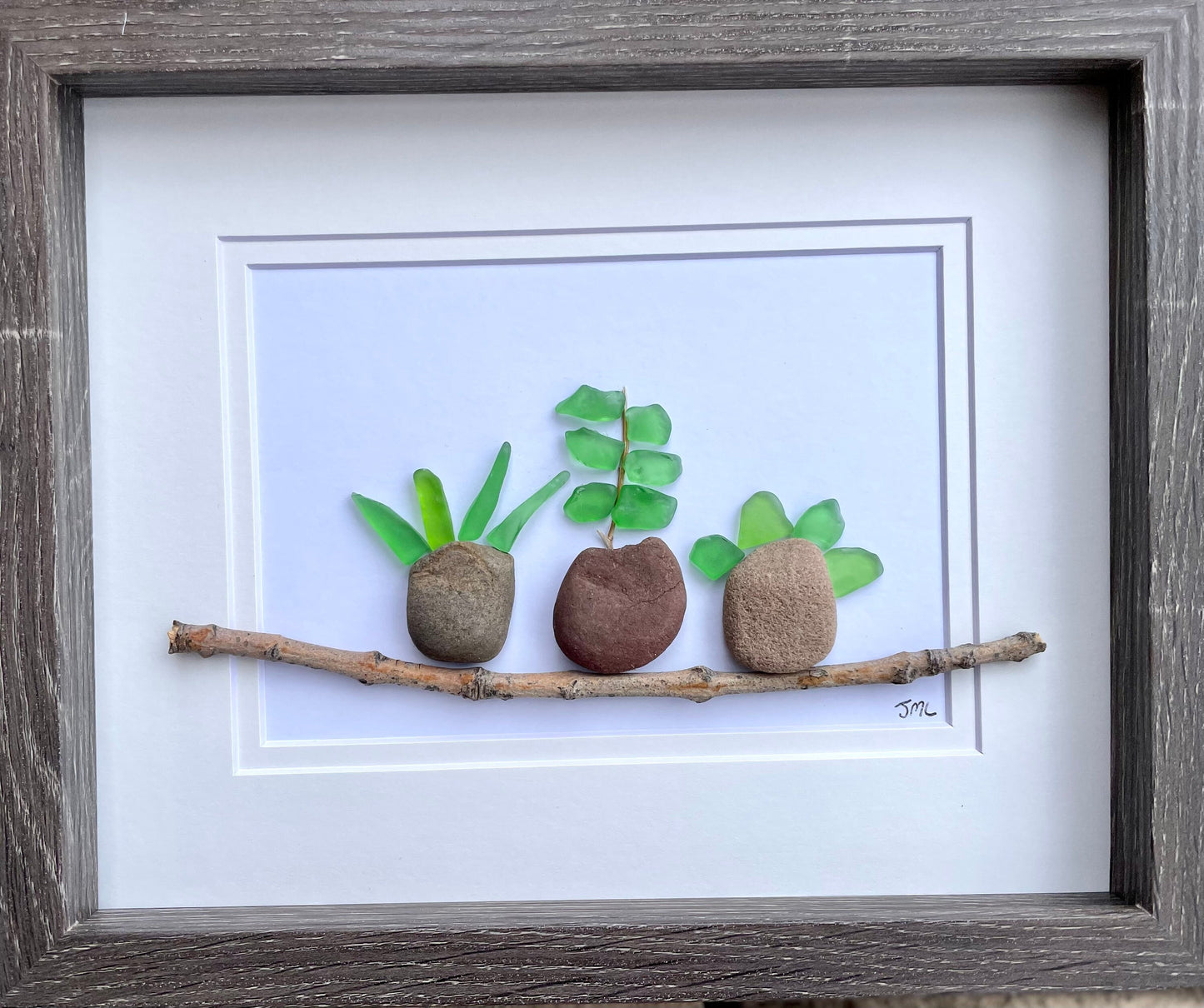 Sea Glass Pebble Plant Art - Handmade Framed Garden Decor