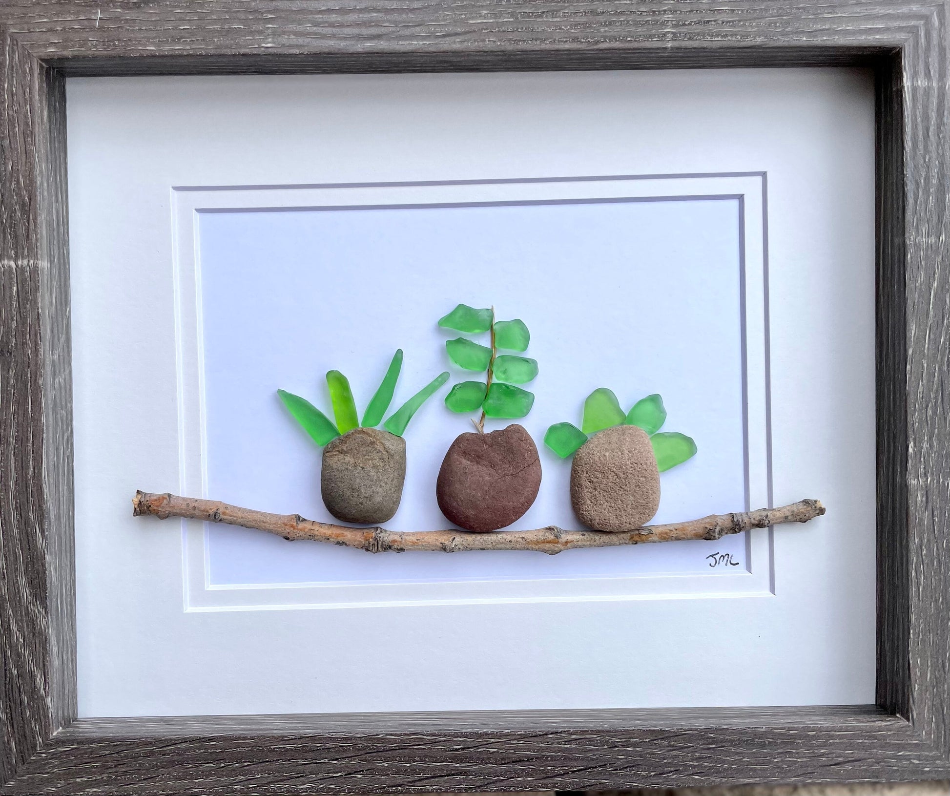 Sea Glass Pebble Plant Art - Handmade Framed Garden Decor