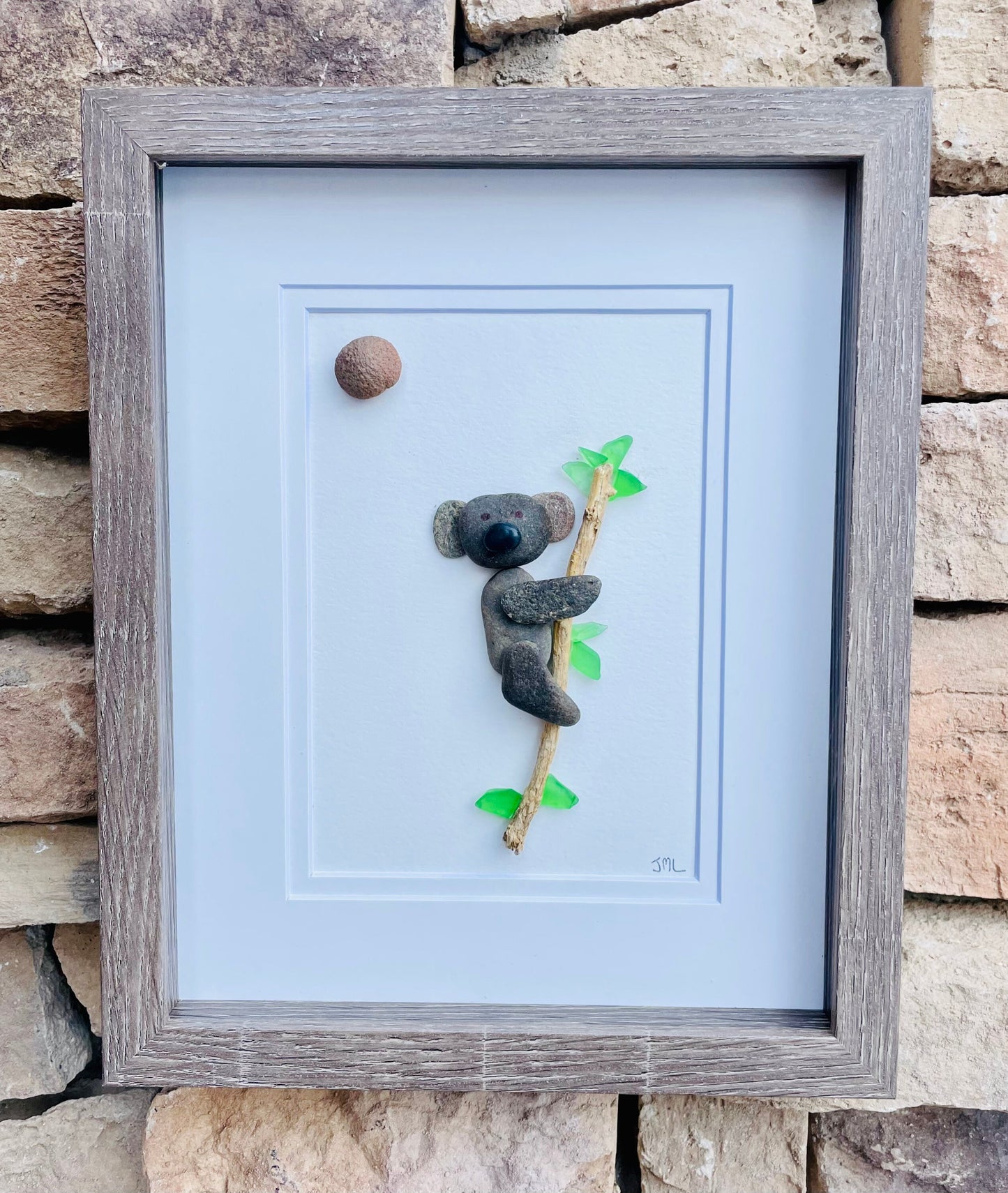 Koala in Eucalyptus Tree | Bear Art | Animals of Australia | Zoo Animal | Unique Handmade Art | Framed Artwork Art | 8x10 Pebble Art