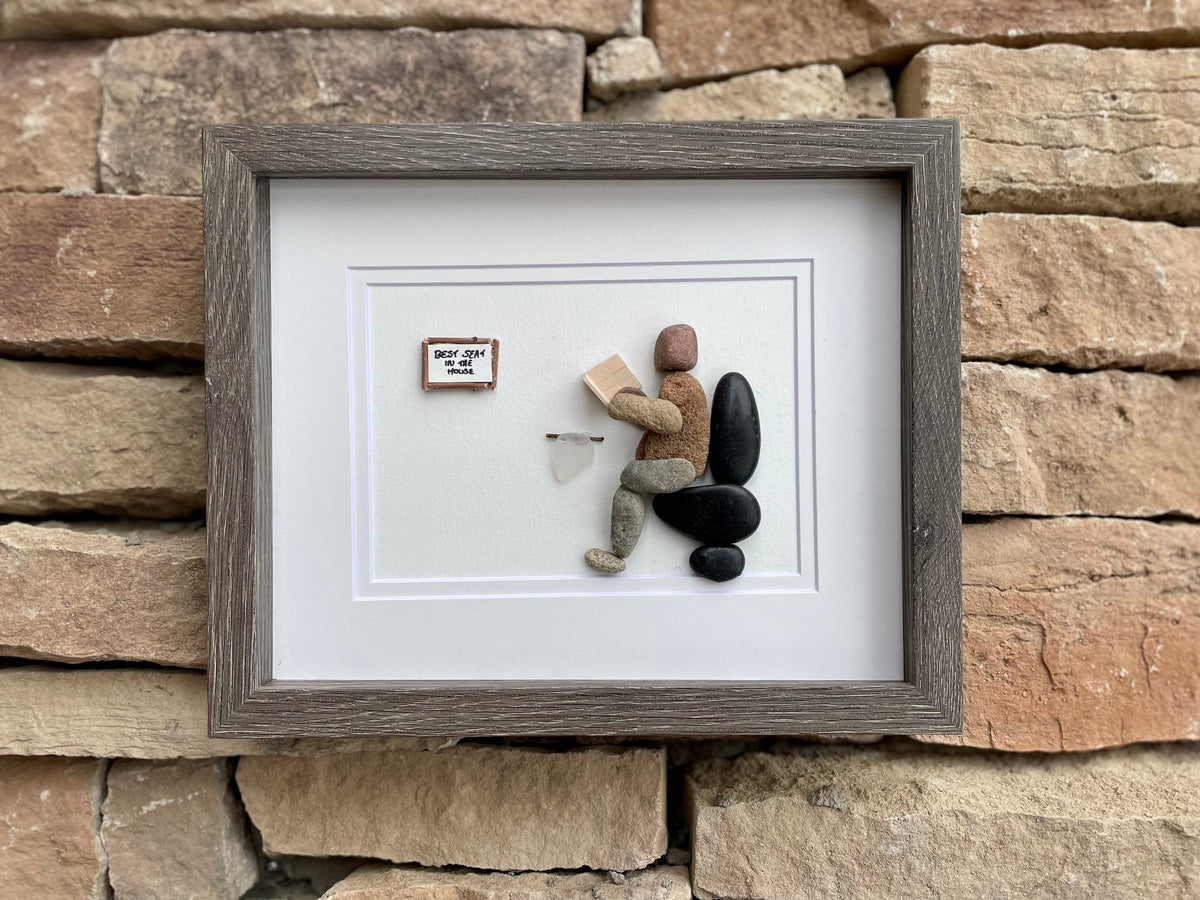 Framed Funny Bathroom Art, Caption “Best Seat in the House”, Handmade Pebble Artwork, Perfect Gift for Housewarming, Anniversary, Birthday