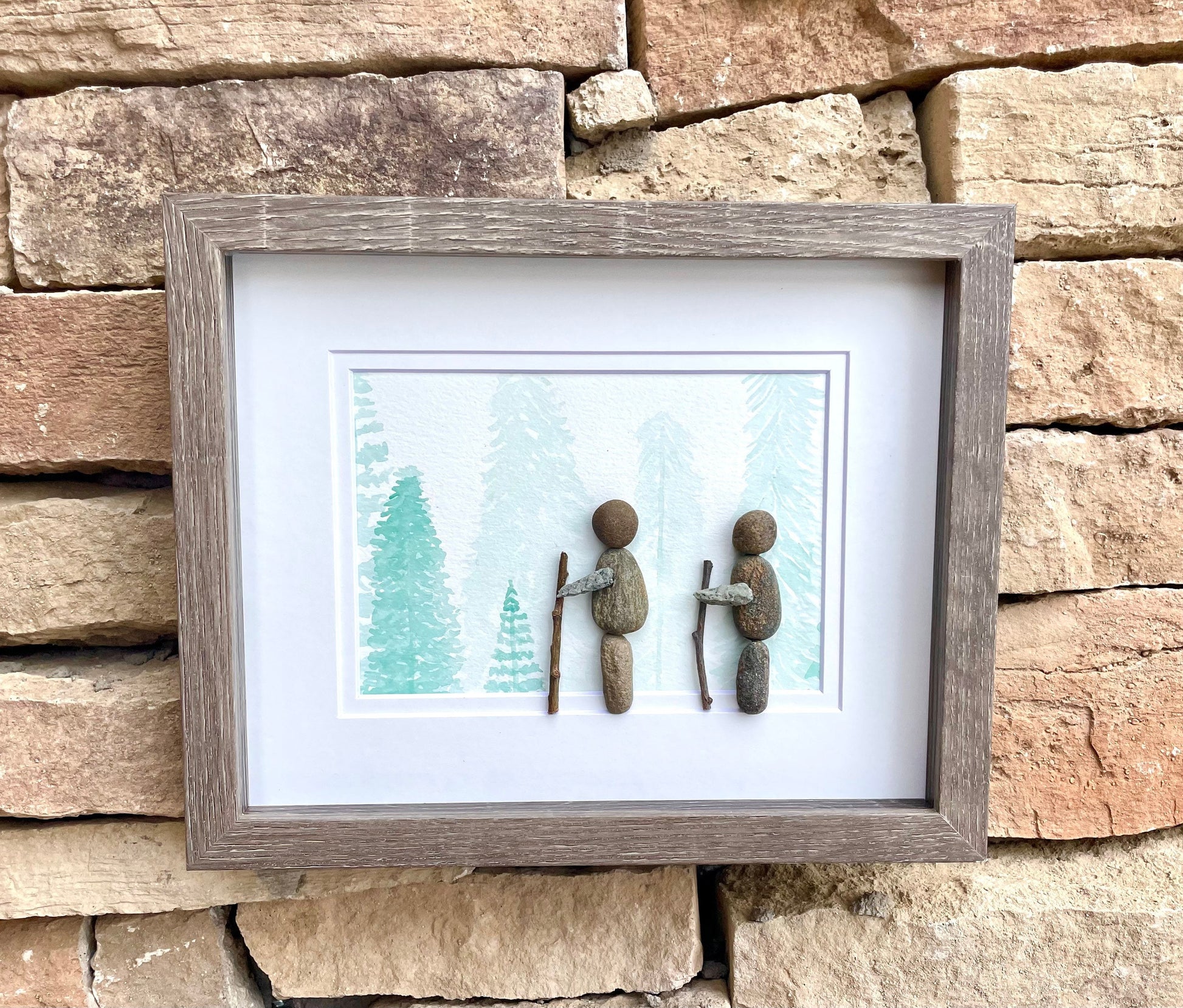 Hiking Couple Pebble Art, Original Watercolor Forest Scene, Framed Gift (8x10”)