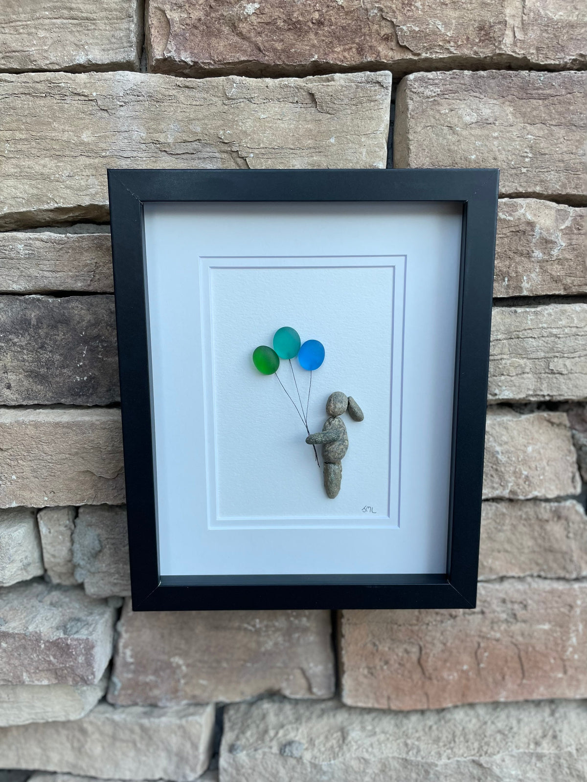Girl Holding Sea Glass Balloons, Framed 8x10 Pebble and Seaglass Artwork, Unique Handmade Gift