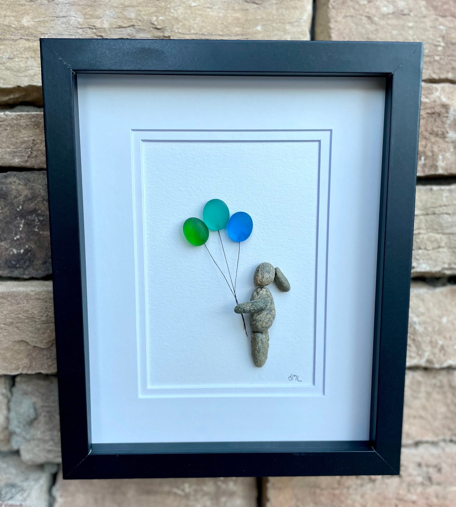Girl Holding Sea Glass Balloons, Framed 8x10 Pebble and Seaglass Artwork, Unique Handmade Gift