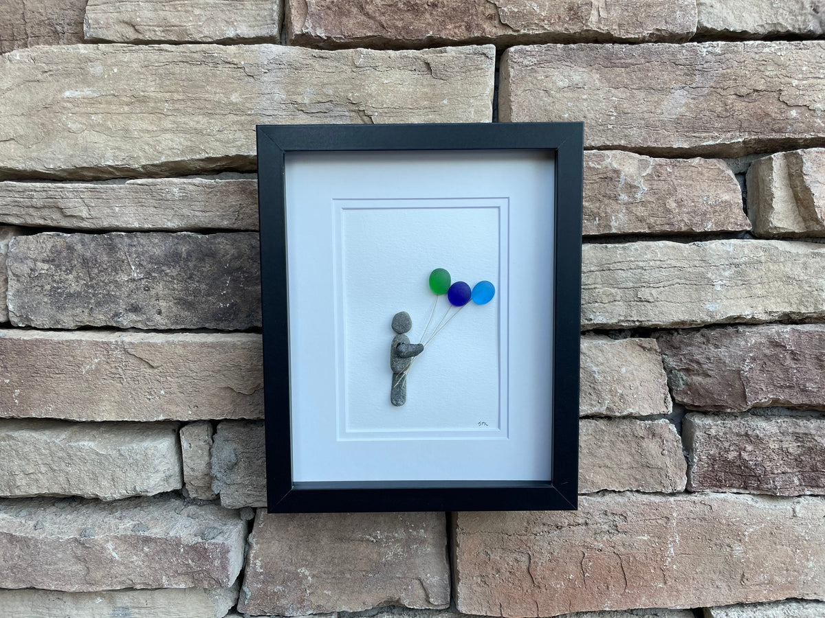 Child Holding Sea Glass Balloons - Pebble and Glass Art - Handmade - Unique