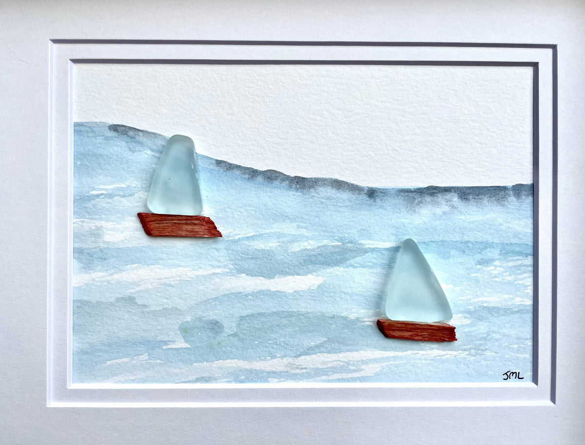 Sea Glass Sailboats on Watercolor - Original Artwork - Handmade - Perfect Gift - Sailing - Anniversary - Birthday - Ocean