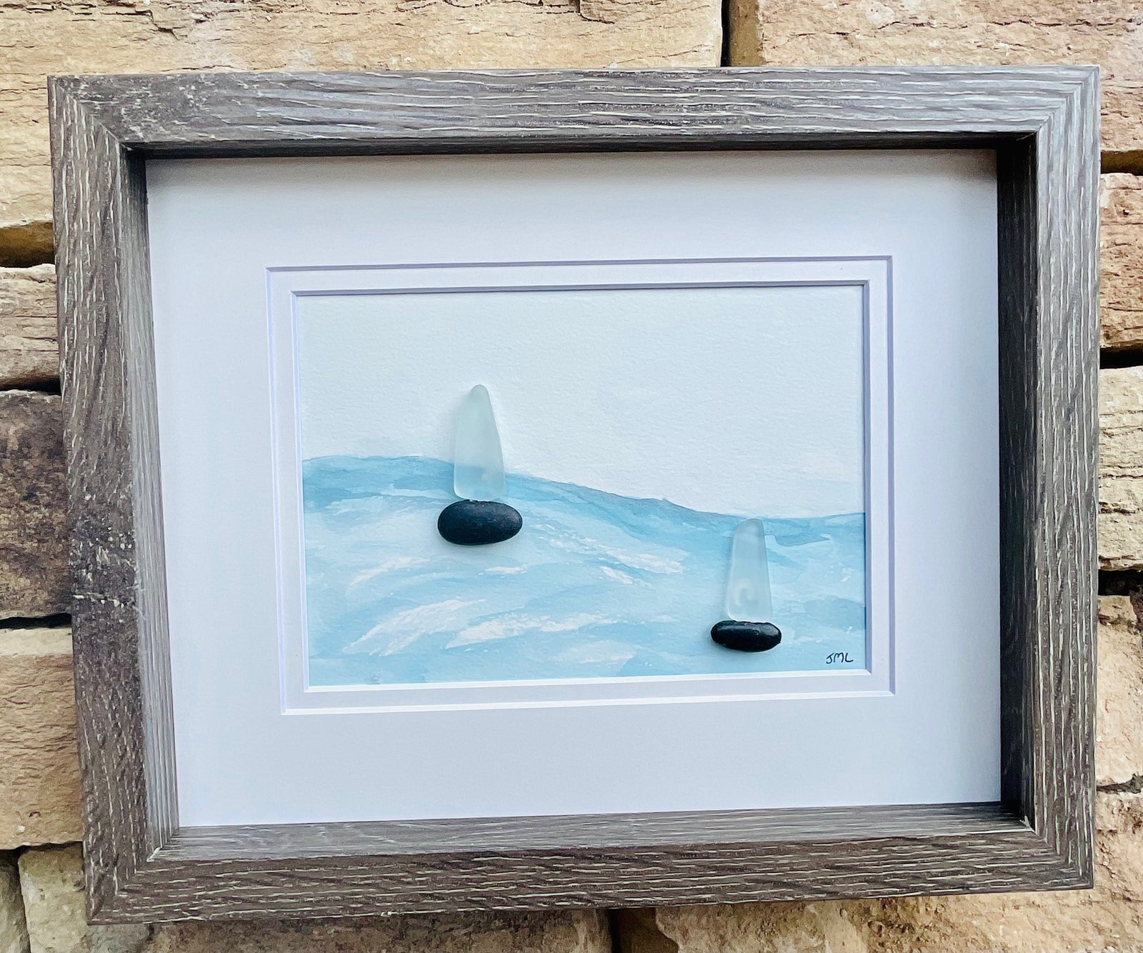 Pebble & Sea Glass Sailboats - Original Watercolor and Pebble Artwork - Handmade - Perfect Gift - Sailing - Anniversary - Birthday - Ocean