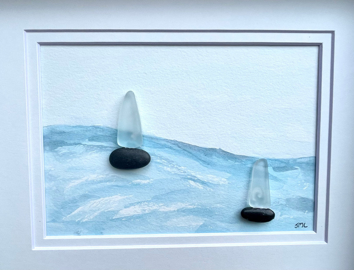 Pebble & Sea Glass Sailboats - Original Watercolor and Pebble Artwork - Handmade - Perfect Gift - Sailing - Anniversary - Birthday - Ocean