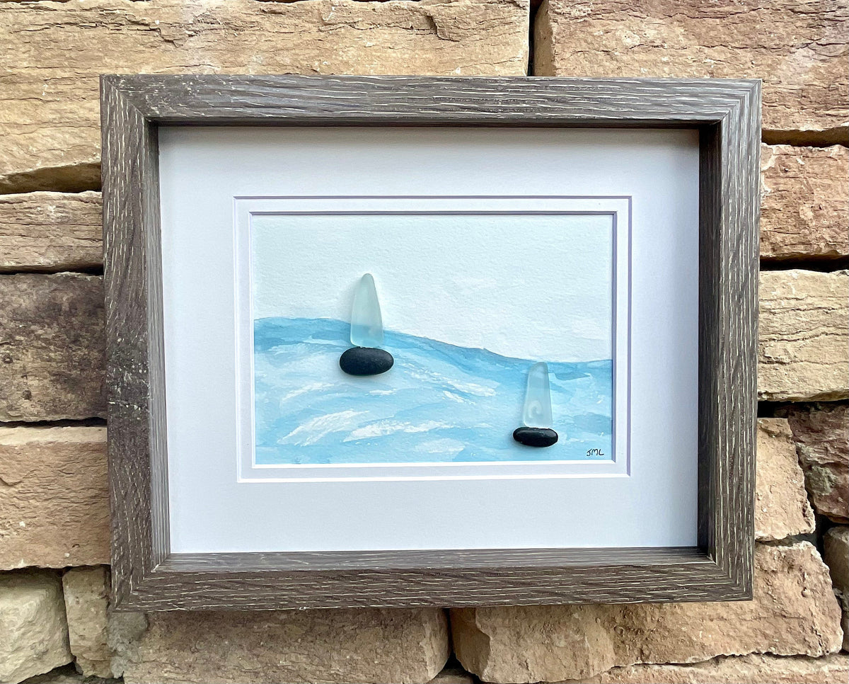 Pebble & Sea Glass Sailboats - Original Watercolor and Pebble Artwork - Handmade - Perfect Gift - Sailing - Anniversary - Birthday - Ocean