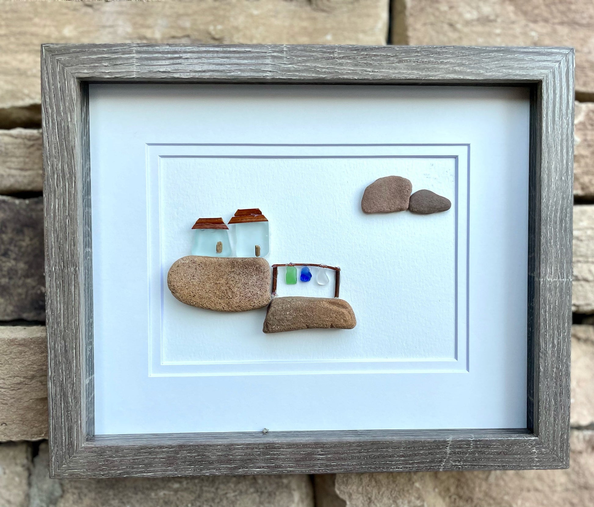 Framed Sea Glass Pebble Art - Coastal Cottages on Rocks