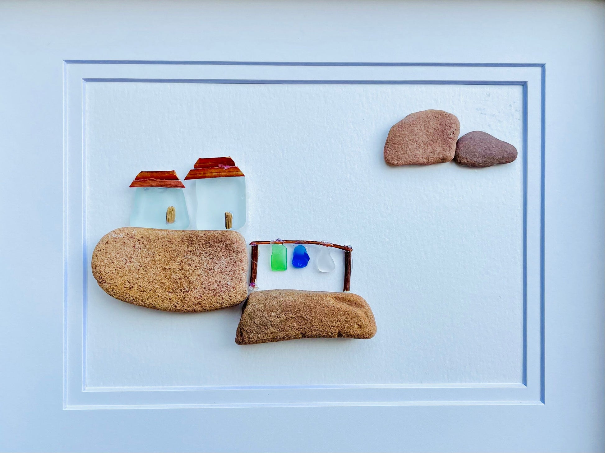 Framed Sea Glass Pebble Art - Coastal Cottages on Rocks