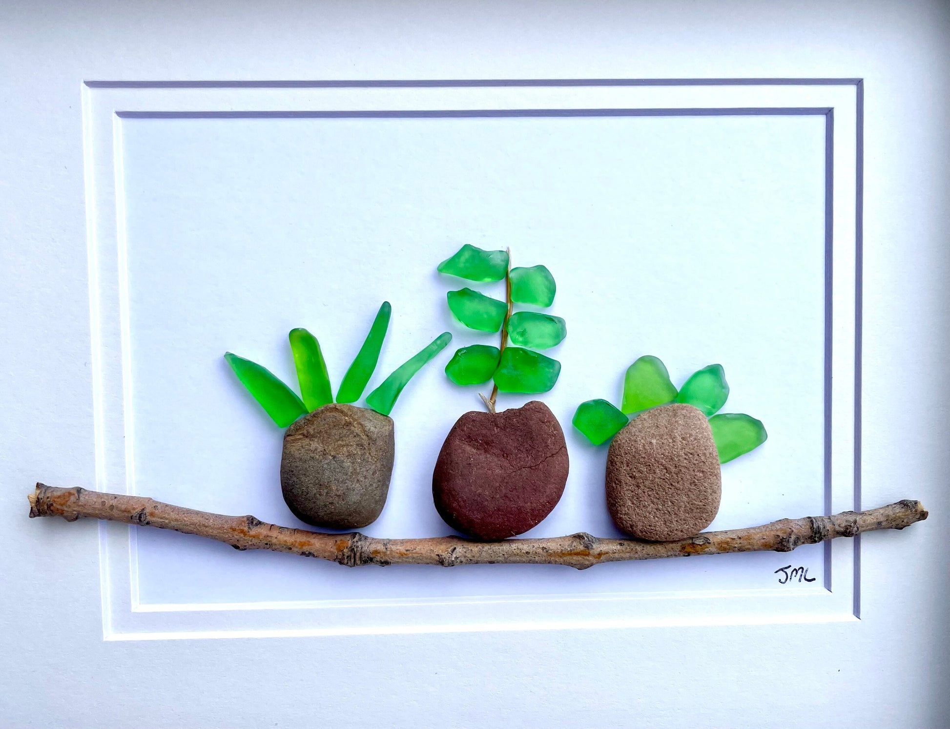 Sea Glass Pebble Plant Art - Handmade Framed Garden Decor