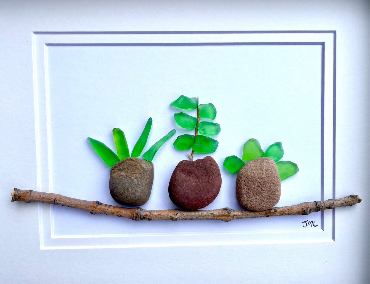 Potted Plants Sea Glass Art | Gift for Gardener | Gift for Her | Gift for Him | Birthday Gift | 8x8 Sea Glass and Clay Pots Art