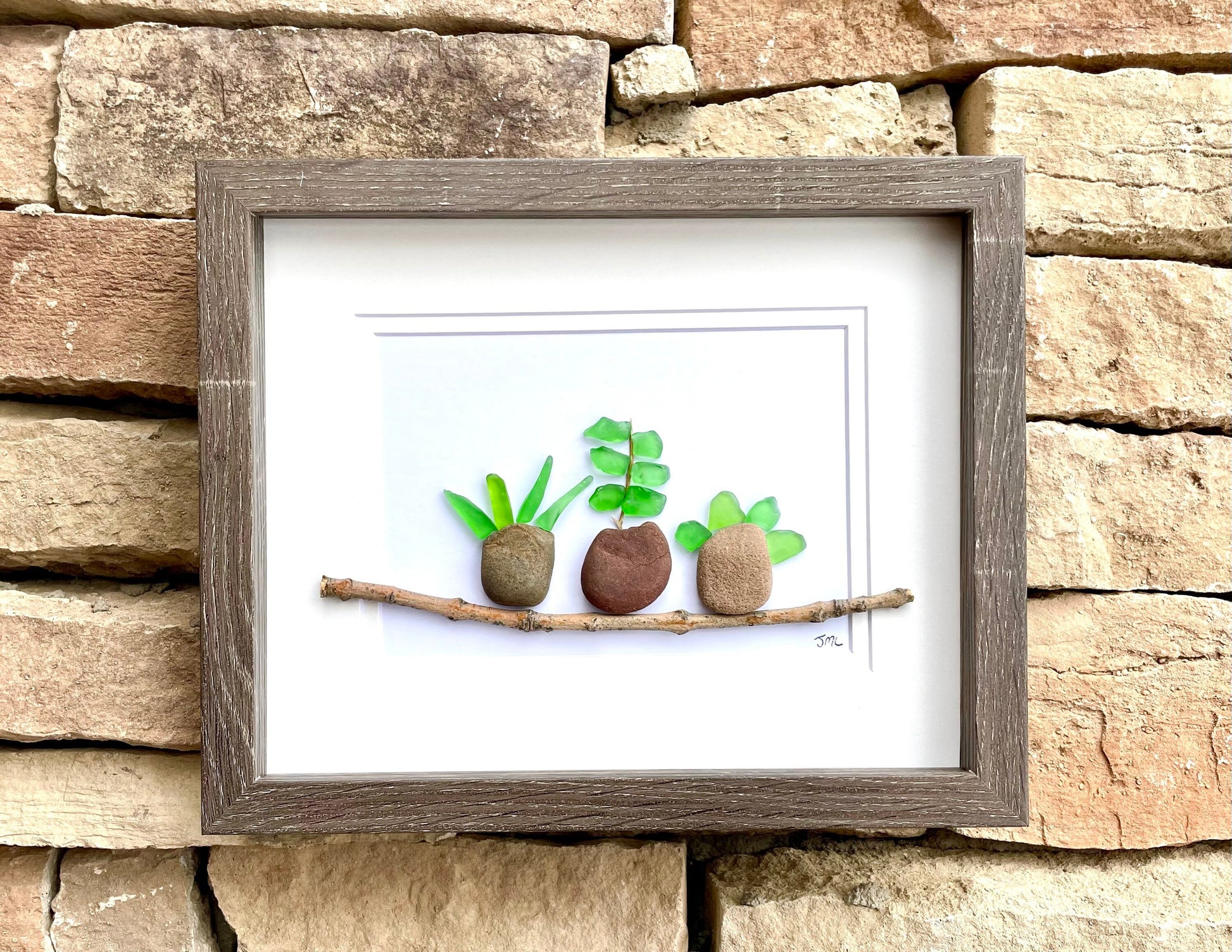 Sea Glass Pebble Plant Art - Handmade Framed Garden Decor