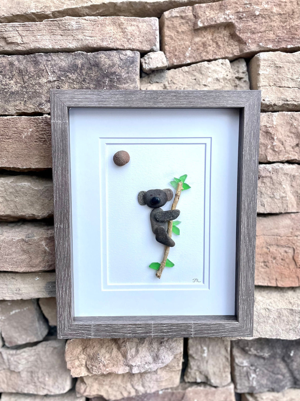 Koala Bear in Eucalyptus Tree - Original Pebble and Sea Glass Art - Handmade - Framed - Animal Artwork - Perfect Gift