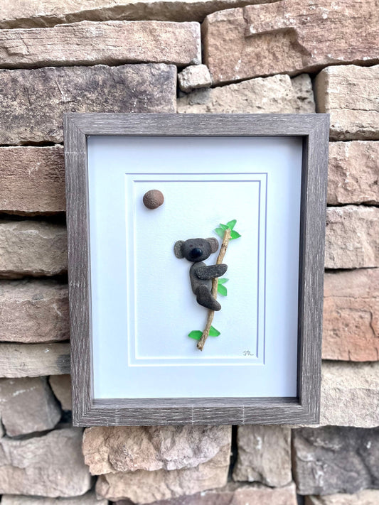 Koala Bear in Eucalyptus Tree - Original Pebble and Sea Glass Art - Handmade - Framed - Animal Artwork - Perfect Gift