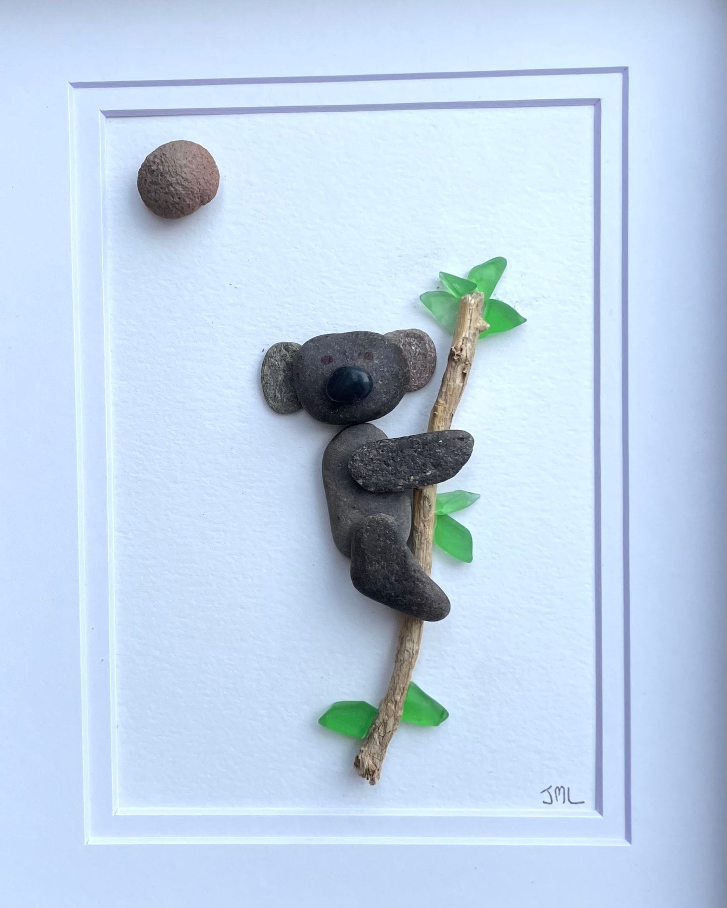 Koala in Eucalyptus Tree | Bear Art | Animals of Australia | Zoo Animal | Unique Handmade Art | Framed Artwork Art | 8x10 Pebble Art