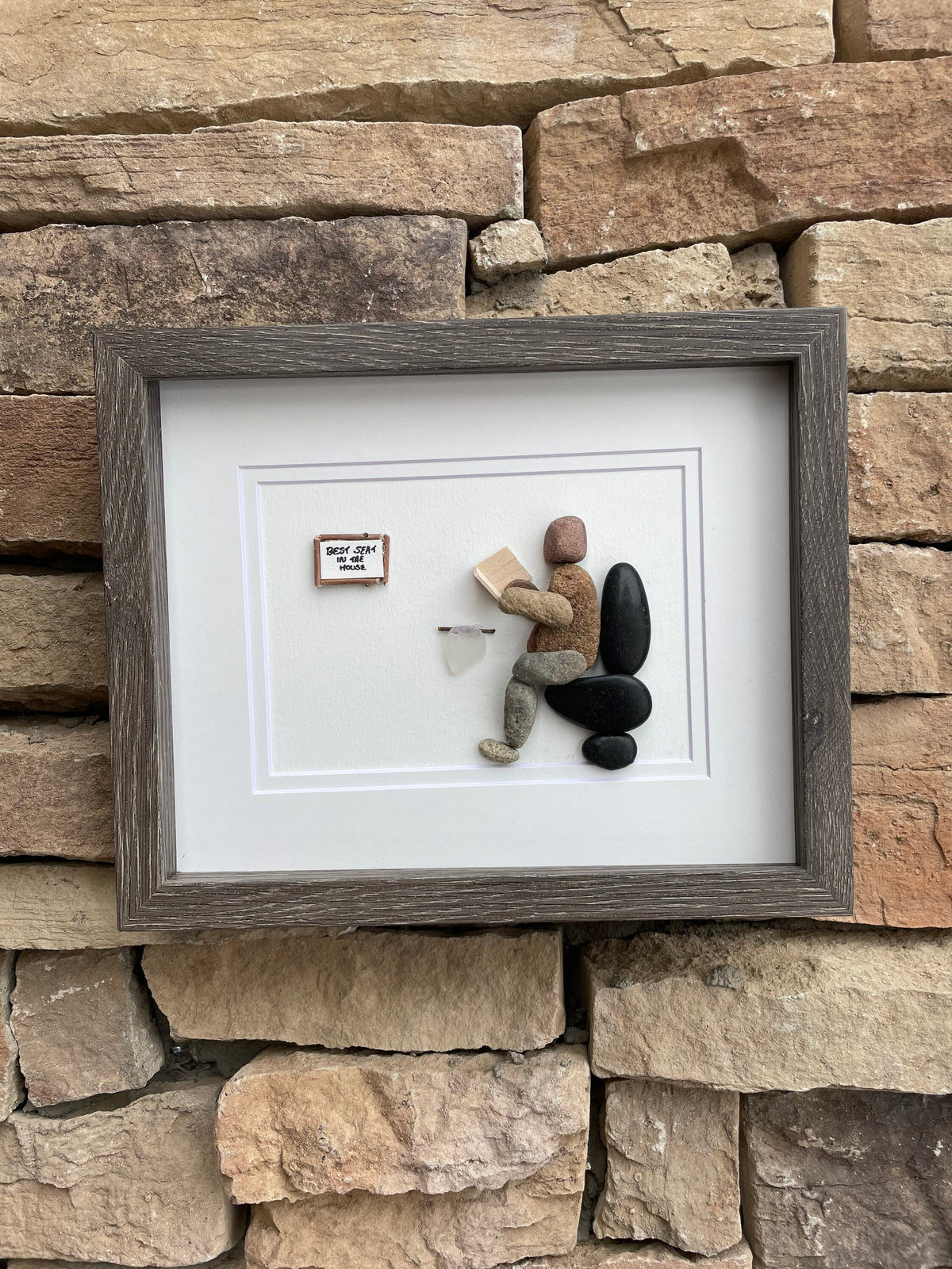 Framed Funny Bathroom Art, Caption “Best Seat in the House”, Handmade Pebble Artwork, Perfect Gift for Housewarming, Anniversary, Birthday