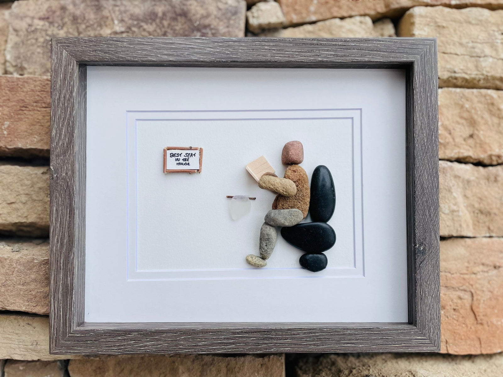 Framed Funny Bathroom Art, Caption “Best Seat in the House”, Handmade Pebble Artwork, Perfect Gift for Housewarming, Anniversary, Birthday