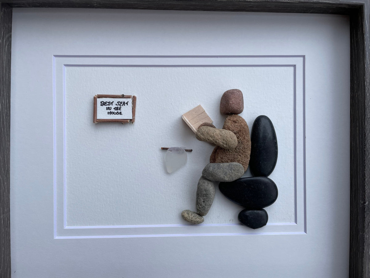 Framed Funny Bathroom Art, Caption “Best Seat in the House”, Handmade Pebble Artwork, Perfect Gift for Housewarming, Anniversary, Birthday
