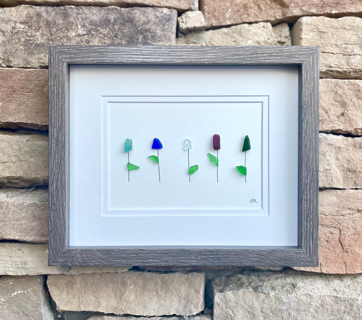 Flowers on a Shelf | Plants on Shelves | Colorful Flowers | Shells &amp; Pottery | Original Handmade Beach Artwork | 8x8 Sea Glass Art