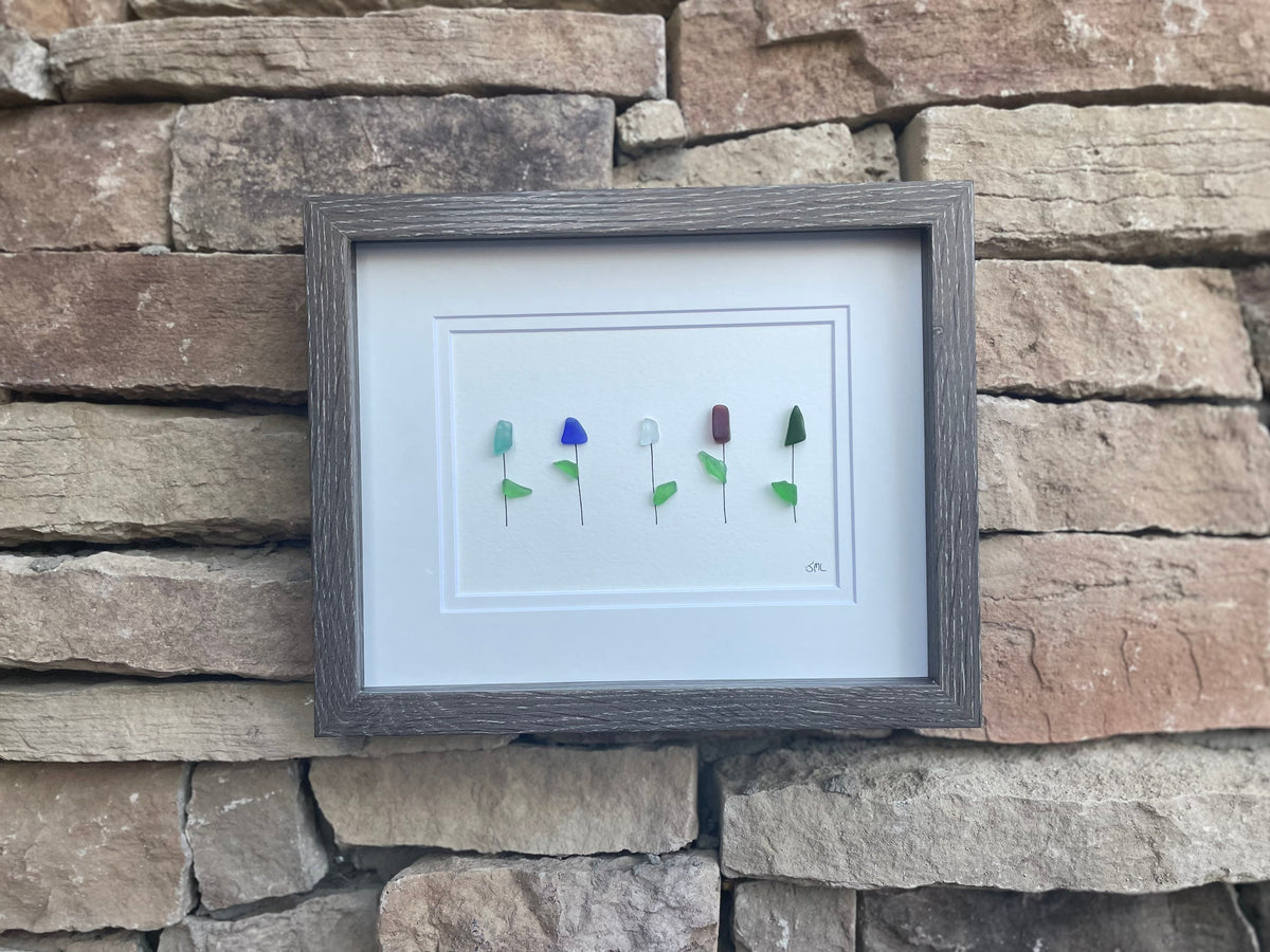Flowers on a Shelf | Plants on Shelves | Colorful Flowers | Shells &amp; Pottery | Original Handmade Beach Artwork | 8x8 Sea Glass Art
