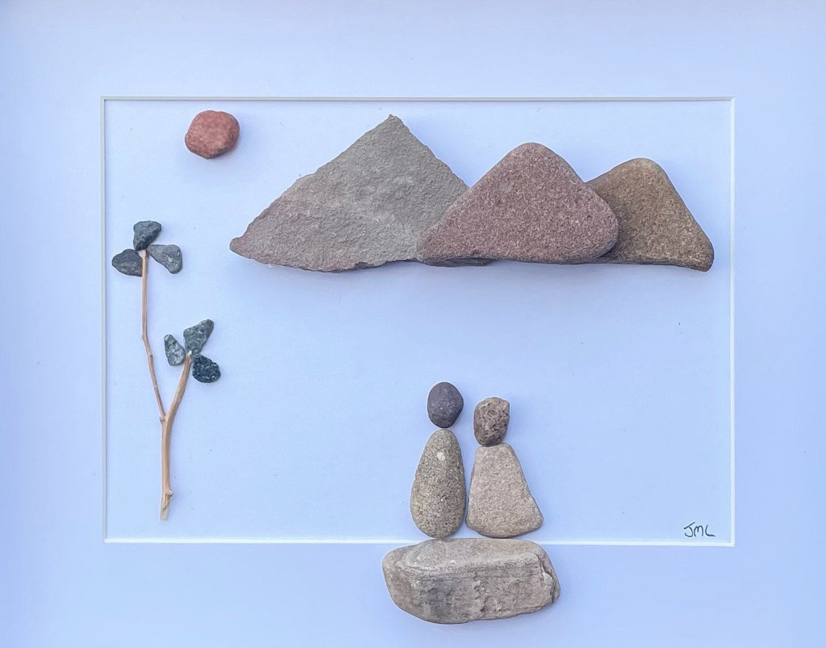 Couple in the Mountains Framed Pebble Art, 8 x 10 Unique Handmade Gift
