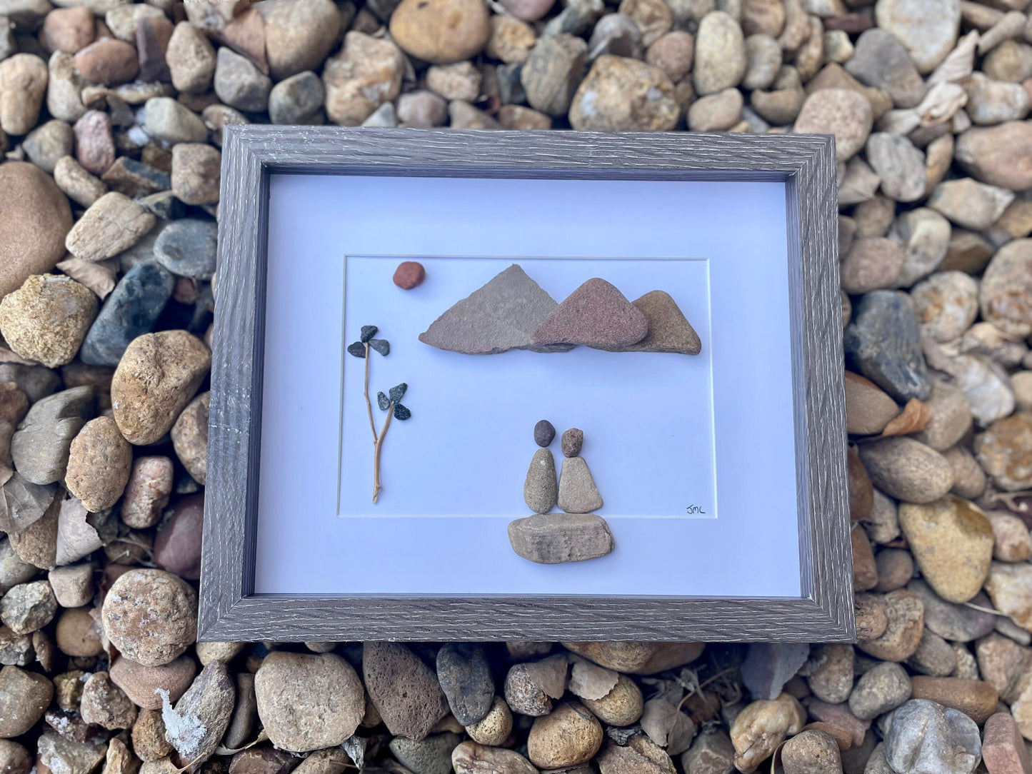 Couple in the Mountains Framed Pebble Art, 8 x 10 Unique Handmade Gift
