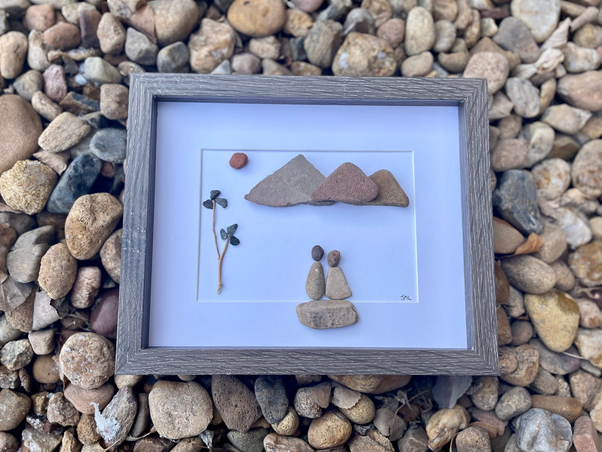 Couple in the Mountains Framed Pebble Art, 8 x 10 Unique Handmade Gift