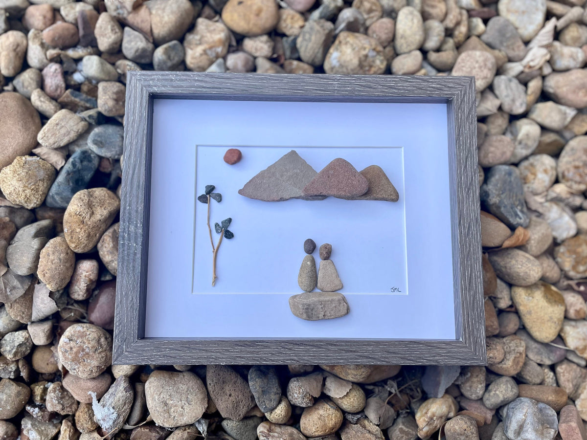 Couple in the Mountains Framed Pebble Art, 8 x 10 Unique Handmade Gift